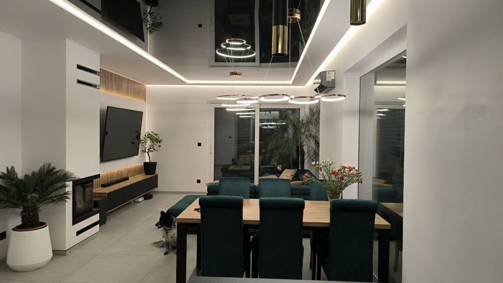 Dining and living space with statement ring pendant lighting and wood-slat accent wall
