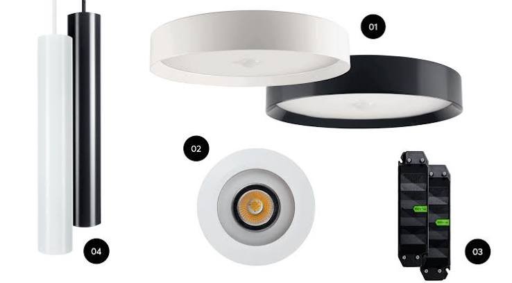 Range of downlight, surface-mounted, and pendant light fixtures