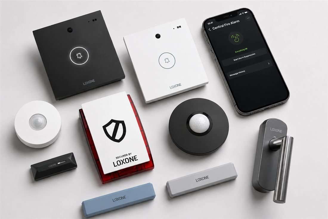 Loxone security devices: alarm siren, motion sensors, door contacts, smart lock, and app