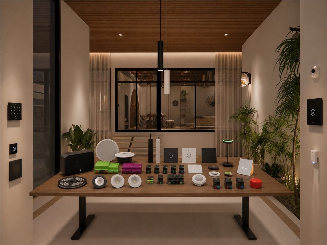 Full range of NesTech smart home devices — lighting, sensors, switches, and audio — laid out on a table