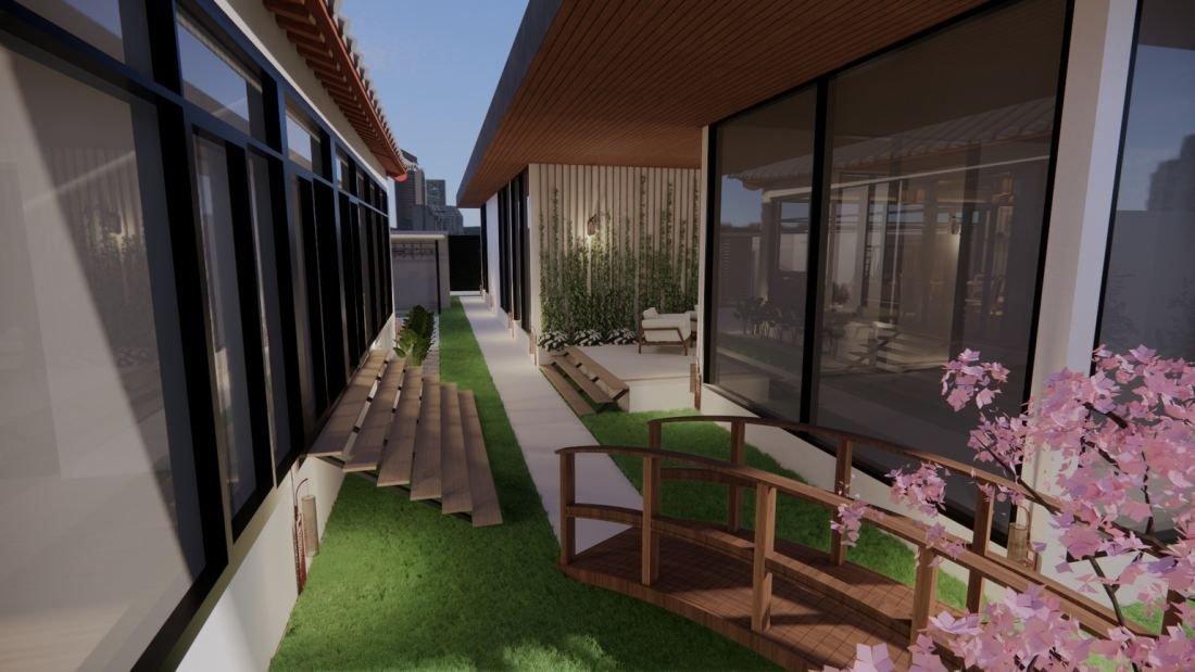 Glazed garden walkway with a timber-slat pergola roof and wooden footbridge