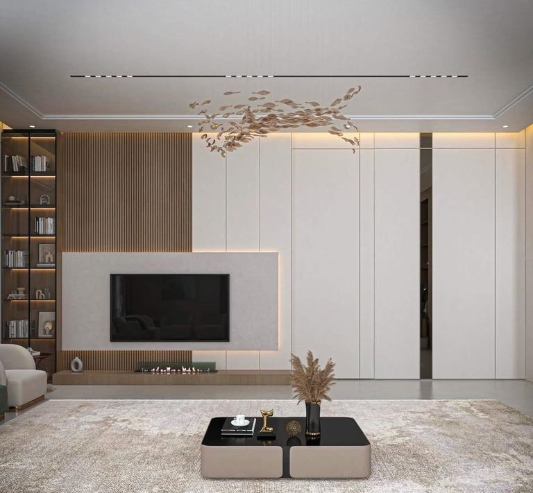 Built-in TV media wall with wood slat paneling and closed storage