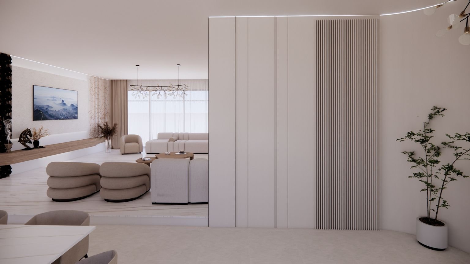 Fluted wood partition wall dividing an open-plan living room