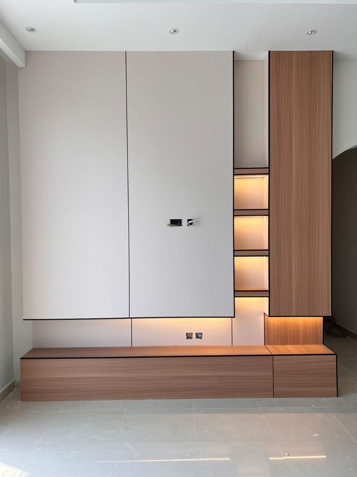 Custom wood wardrobe with integrated shelving