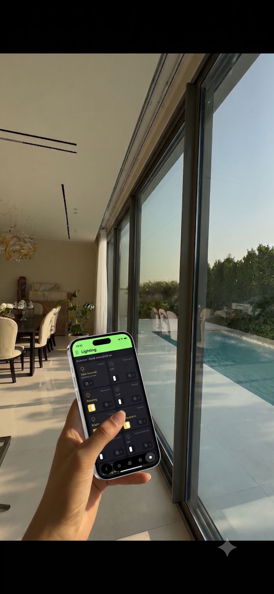 Homeowner controlling smart home settings from a phone app beside a villa pool
