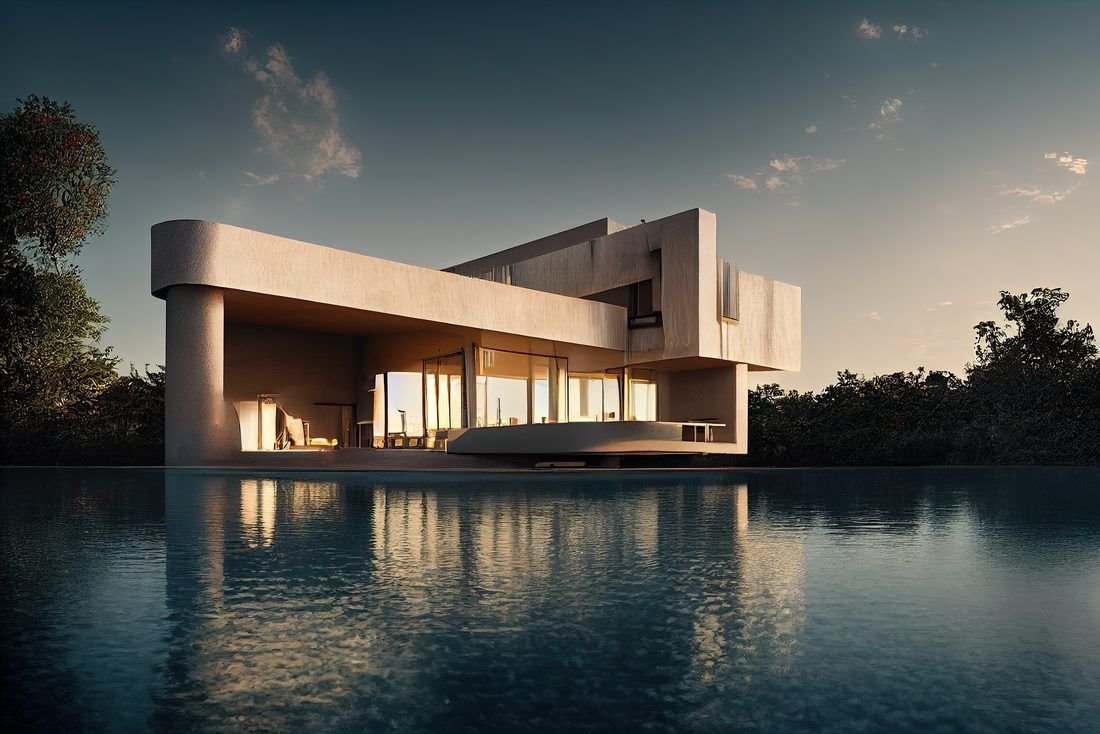 Modern villa with a full-height glazed ground floor cantilevered over a reflecting pool