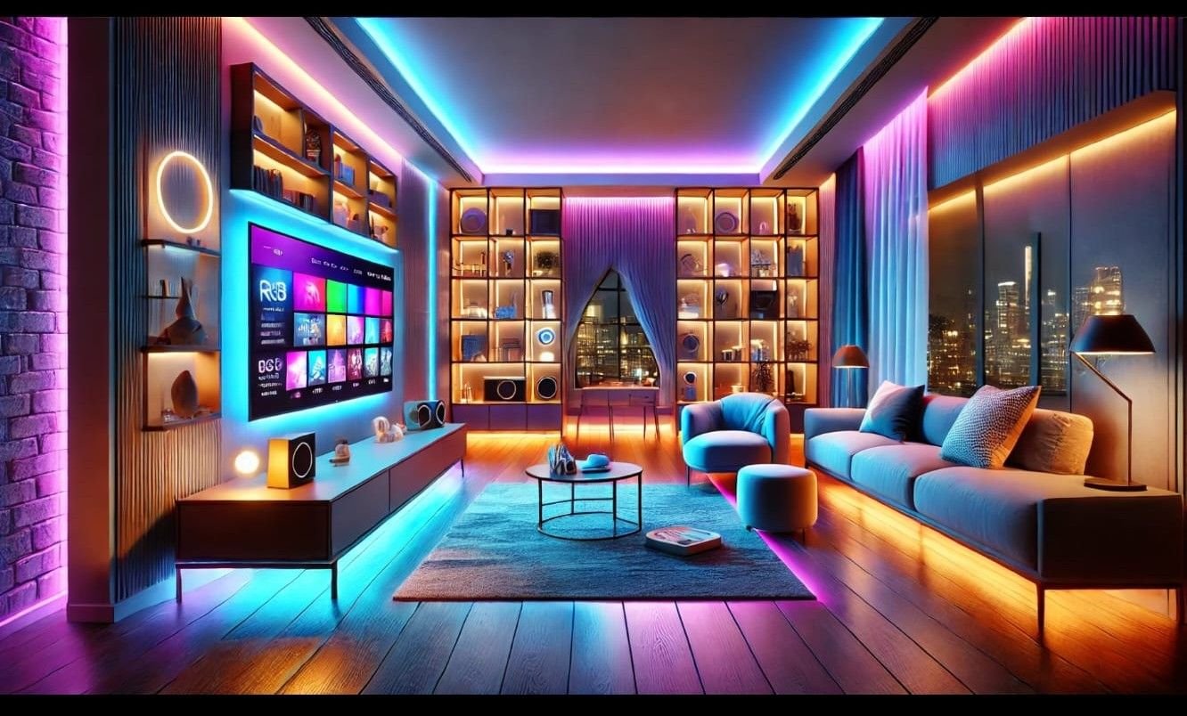 Backlit shelving and layered lighting scene in a living room