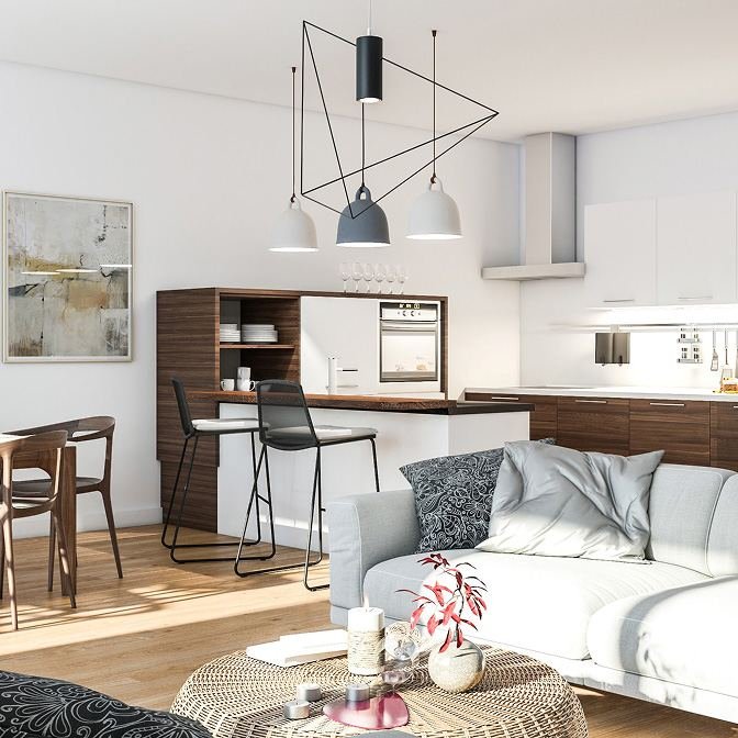 Automated living space with layered pendant lighting
